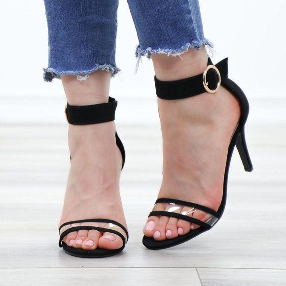 Velvet Black Open Toe Clear Strap High Heel Sandal - Picture 9 of 13